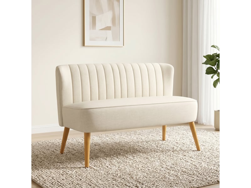  Canapé 2 places, canapé de salon en tissu aspect lin, assise rembourrée et pieds en bois d'hévéa, crème, 117x56,5x77cm  - Conforama D
