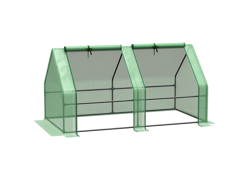  Mini serre de jardin mini serre tunnel 180l x 90l x 90h cm toit pointu acier pe haute densité 140 gm² anti-uv 2 fenêtres avec zip enroulables vert  - Conforama A