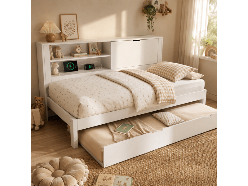 Lit gigogne 90x190 2 en 1, canapé lit avec rangements, chargeur usbusb-c intégré, lit d'appoint escamotable, sommier inclus - Conforama A