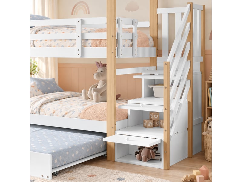 Lit superposé cabane 90x200 et 90x190 cm avec lit coulissant, escalier et 4 tiroirs, bois naturel et blanc, sans matelas - Conforama E