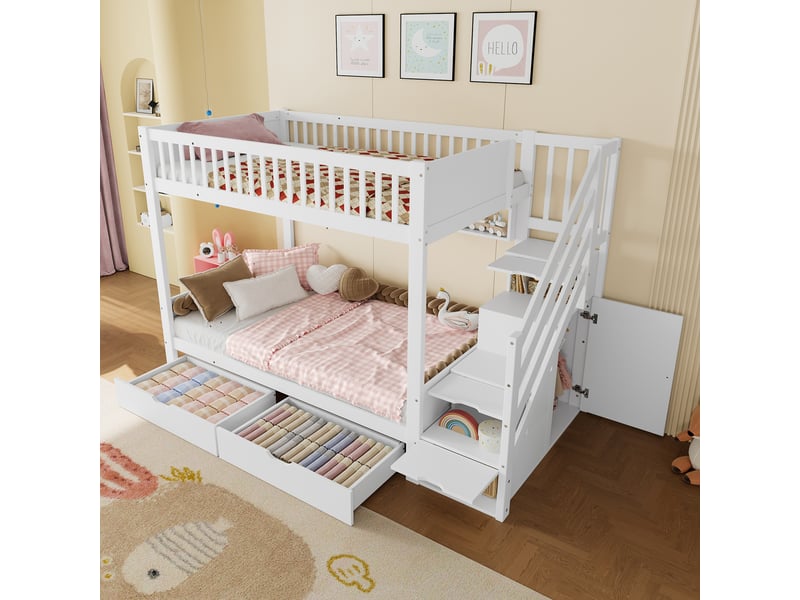  Lit superposé enfant blanc avec armoire, lit superposé 90x200 cm avec tiroirs et étagères, escalier de rangement sécurisé  - Conforama R