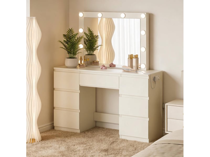  Coiffeuse 110x39,5x140,5 cm miroir led 7 tiroirs panneau de particules blanc  - Conforama B