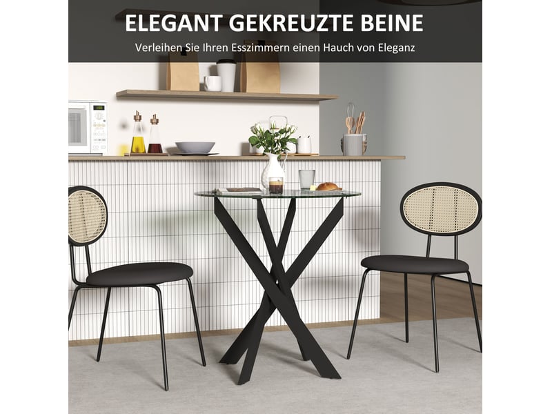  Table de salle à manger ronde 4 personnes avec plateau verre trempé pieds métal réglables noir transparent ø70 × 75 cm  - Conforama E