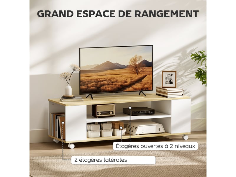  Meuble tv avec roulettes 120 cm, meuble télé pour téléviseur jusqu'à 55 pouces, blanc et naturel, 2 étagères ouvertes  - Conforama W