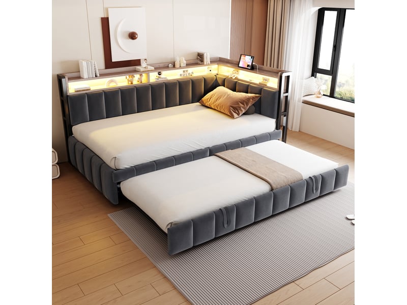  Lit gigogne 90 × 200 cm avec couchage coulissant, rangements, éclairage led et ports usb, en velours gris foncé  - Conforama B