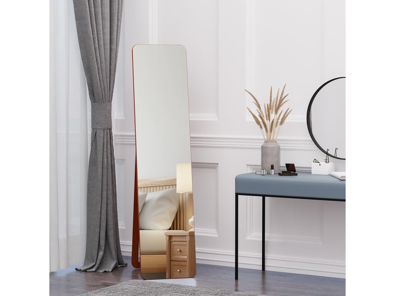  Miroir sur pied et mural avec cadre en bois, support pliable à charnières, 37 x 43 x 156 cm, noyer clair  - Conforama D