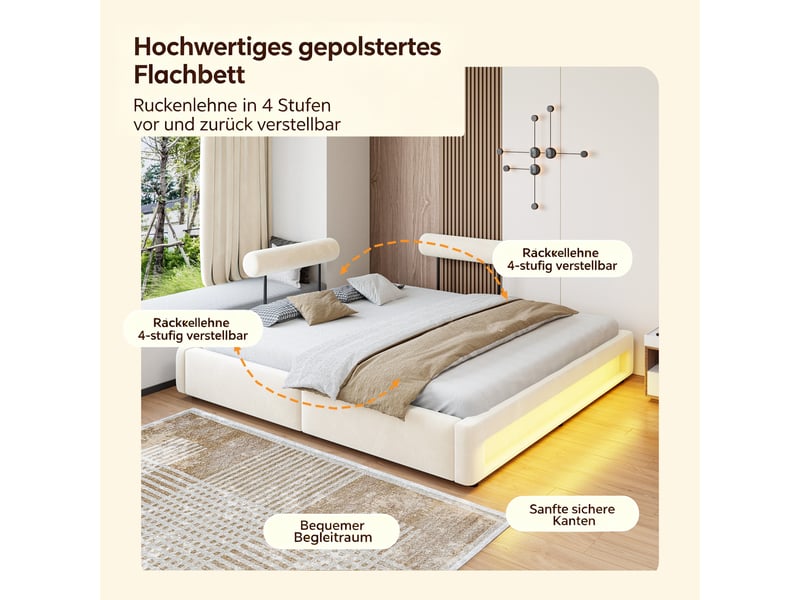  Lit capitonné 180x200 cm avec 2 dossiers réglables 4 positions, éclairage led, velours, beige  - Conforama D