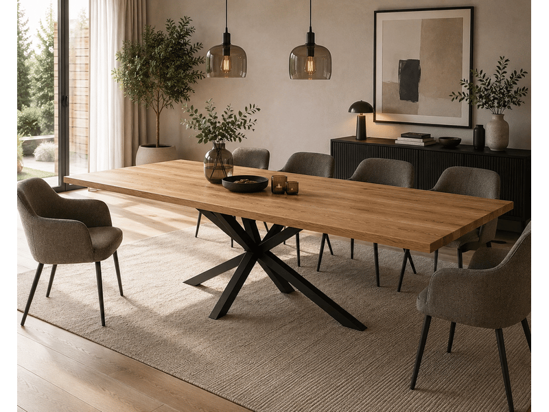  Table à manger avec bord droit coloris chêne massif naturel et pieds en métal forme croisée - longueur 220 x profondeur 100 x hauteur 76 cm  - Conforama B
