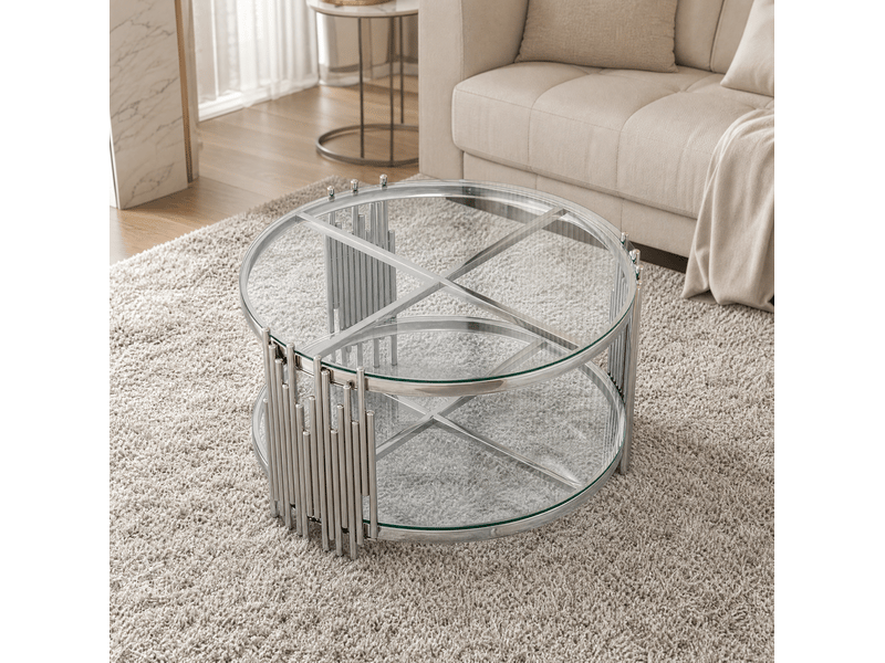  Table basse ronde 80x80x45 cm avec double niveau en métal argenté et transparent, design moderne  - Conforama D