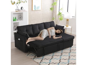 Canapé d'angle convertible 3 places,206x108x66cm,canapé-lit 3 places envelours côtelé avec lit gigogne,méridienne réversible rangement,noir
