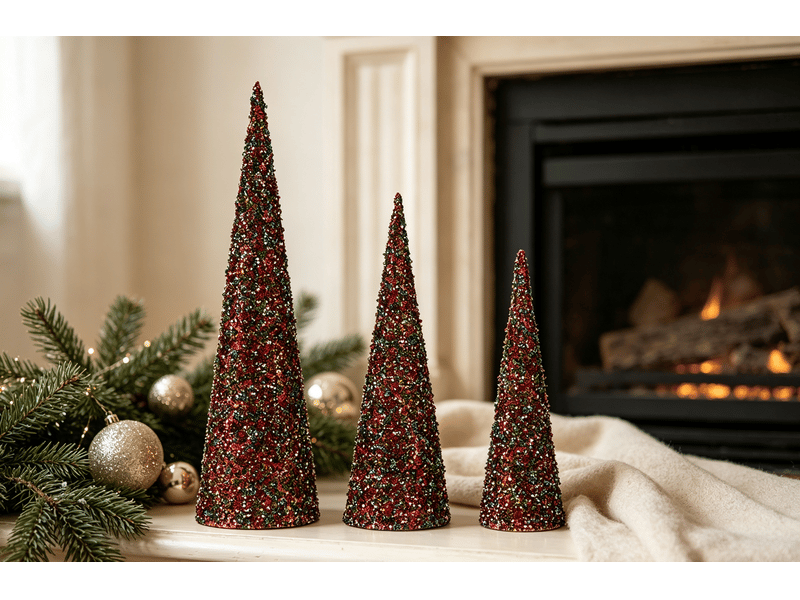  Cônes de noël krist+ bleu fuchsia pailletés lot de 3 S3612042 - Conforama C