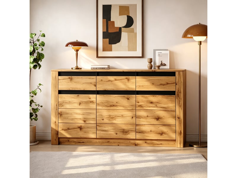  Buffet salon bois naturel 140 cm 3 portes 3 tiroirs  - Conforama W