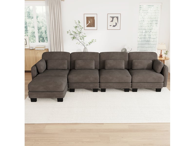  Canapé d’angle modulaire 4 places modenvie en chenille marron avec ottomane, 330 x 143 x 88 cm  - Conforama D