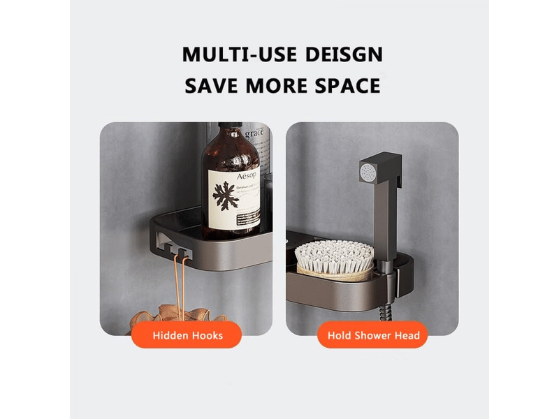  Étagère de douche sans perçage avec porte-savon - support de rangement pour barre de douche 18-25 mm - crochet invisible et design intégré  - Conforama E