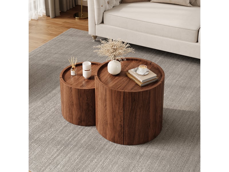  Table basse arrondie 77,5 x 47,5 x 40 cm avec tiroirs, portes courbes et rangement intégré, panneaux de particules, noyer OMNIGLINT TRADING LTD - Conforama E