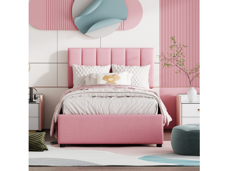  Modenvie lit enfant coffre 90x200 cm - avec rangement hydraulique, sans matelas - rose  - Conforama D