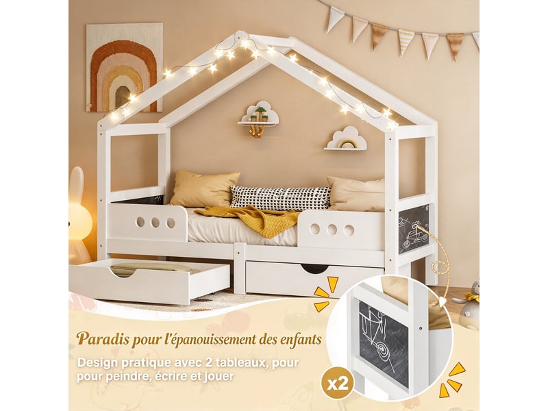  Lit cabane enfant 90x200 cm avec 2 tiroirs et tableau noir, bois et mdf, sommier à lattes, blanc  - Conforama E