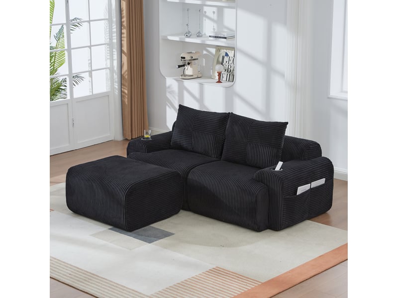 Canapé modulaire 2 places en velours côtelé noir avec poufs, porte-gobelets et poche latérale de rangement - Conforama E