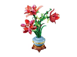 Set de construction fleur en pot rouge, fleurs artificielles éternelles – briques diy, ornement de bureau