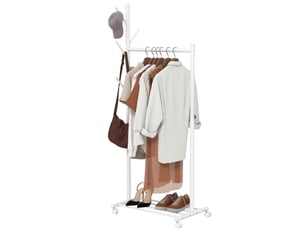 Porte-manteau sur pied à roulettes, 5 crochets et étagère à chaussures inférieure, blanc