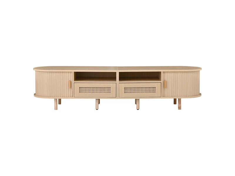  Meuble tv ovale 170x40x40cm chêne clair 2 tiroirs aspect rotin et 2 portes coulissantes  - Conforama A