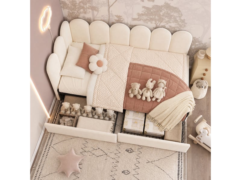  Lit banquette 90×190 cm en velours, lit simple avec 2 tiroirs et côtés interchangeables, sans matelas, beige  - Conforama C