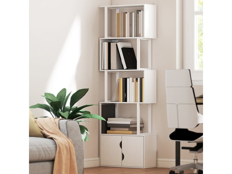  Bibliothèque en forme de s à 5 niveaux avec 5 étagères et 2 portes pour salon ou bureau, 60 x 23,8 x 179,2 cm, blanche  - Conforama D