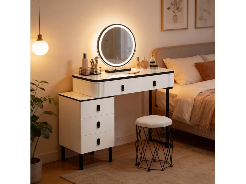  Coiffeuse tcqpz avec miroir led réglable et tabouret 5 tiroirs blanc et noir  - Conforama D