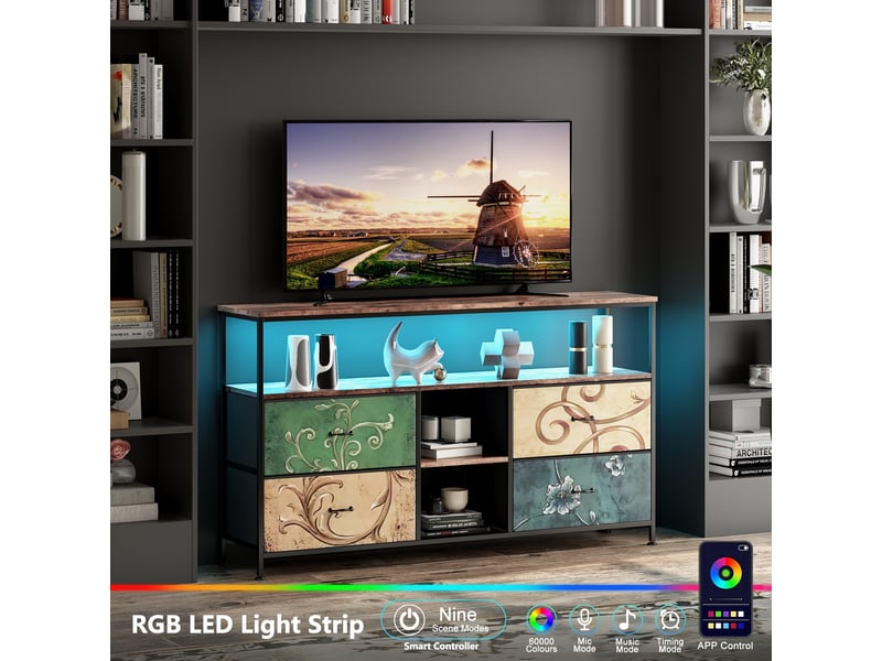  Meuble tv led 137x30x78cm - multifonctionnel - 4 tiroirs en tissu coloré et étagères ouvertes - combinaison rétro et modernes  - Conforama D