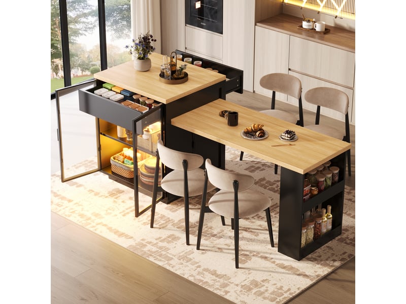  Îlot de cuisine extensible, 122 × 70 × 94 cm, 2 portes et 1 tiroir, mdf et métal, noir, rangement fonctionnel  - Conforama D
