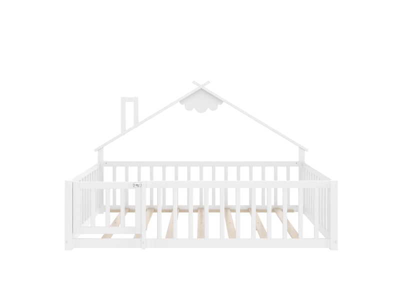 Lit enfant maison 140x190 cm, barrière 32 cm avec serrure, design cabane, montage facile, pin mdf, blanc, sans matelas - Conforama E