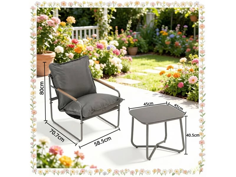 Ensemble table et chaises de jardin avec 1 table et 2 chaises, en métal et verre gris - Conforama D