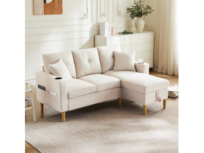 Canapé d'angle modenvie 3 places réversible avec rangement et porte-gobelets beige 175 x 129 x 90 cm - Conforama B