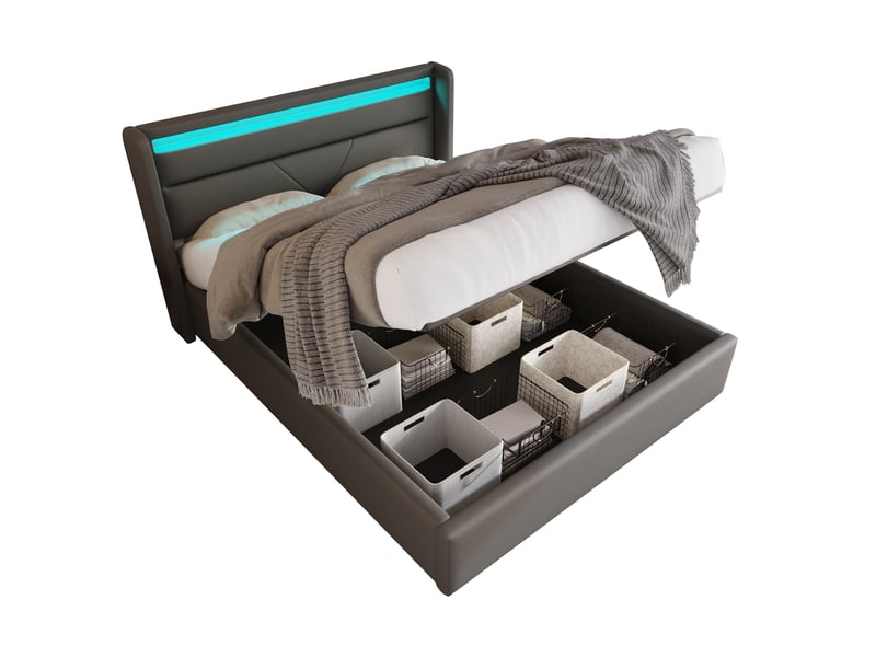  Lit coffre hydraulique 160 x 200 cm avec tête de lit led et télécommande, pu gris  - Conforama A
