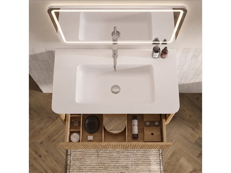  Ensemble meuble vasque suspendu 80 cm avec miroir led, finition chêne  - Conforama D