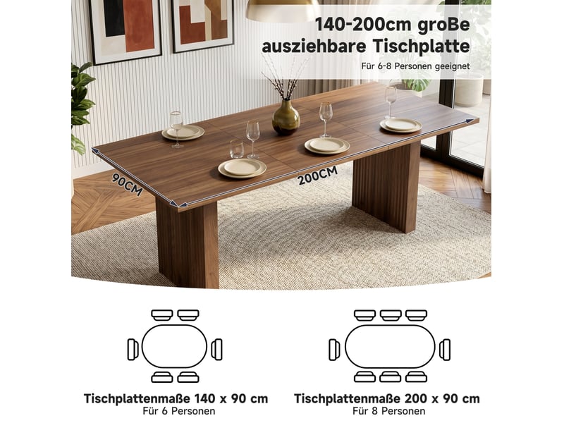 Table à manger extensible 140200x90 cm – noyer – 6 à 8 personnes, plateau rectangulaire épais, style épuré - Conforama E