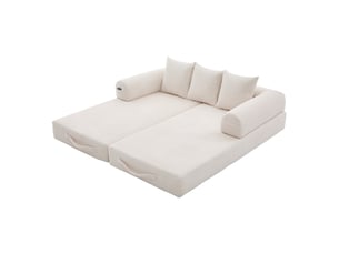 Canapé modulable 3 places – canapé convertible avec assise profonde, velours côtelé, coussins inclus, poches latérales, mousse haute résilience, structure stable – beige