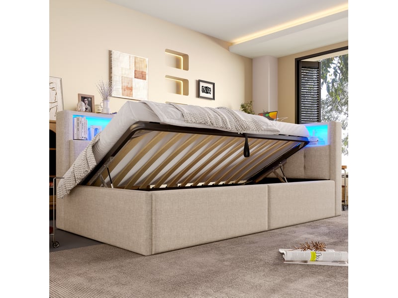  Modenvie lit de jour 90x200 cm - avec led multicolore, rangements et ports usb-c - sans matelas - beige  - Conforama D