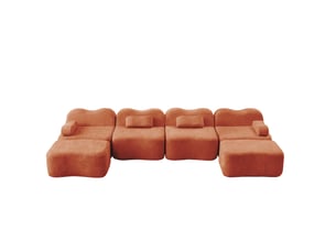 Canapé modulable en u ulevr 4 places avec 2 poufs, velours orange, mousse haute densité 32d, 384 x 167 x 70 cm