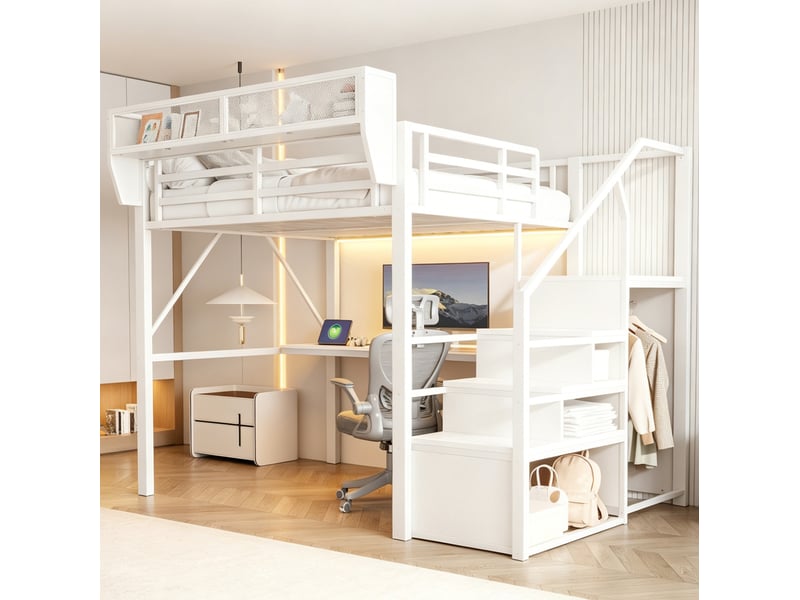 Lit mezzanine 140x200 cm, bureau long, led multicolore, échelle sécurisée, rangement modulable, métal blanc sans matelas - Conforama B