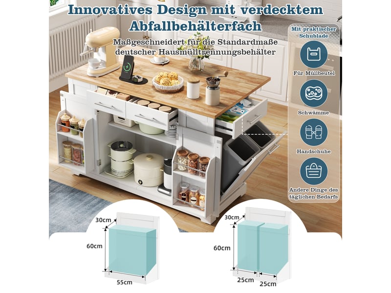  Îlot de cuisine mobile 138 × 86 × 92 cm blanc et naturel, mdf, plateau rabattable, prises eu, usb, type-c et bac coulissant  - Conforama C