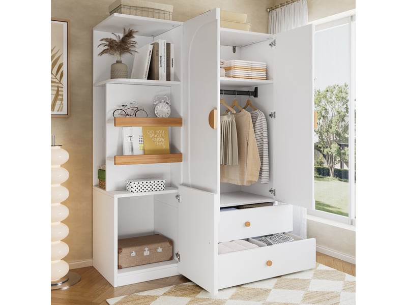 Armoire avec penderie, 2 tiroirs et étagères ouvertes pour chambre, en mdf blanc et naturel, 125 × 50 × 180 cm - Conforama B