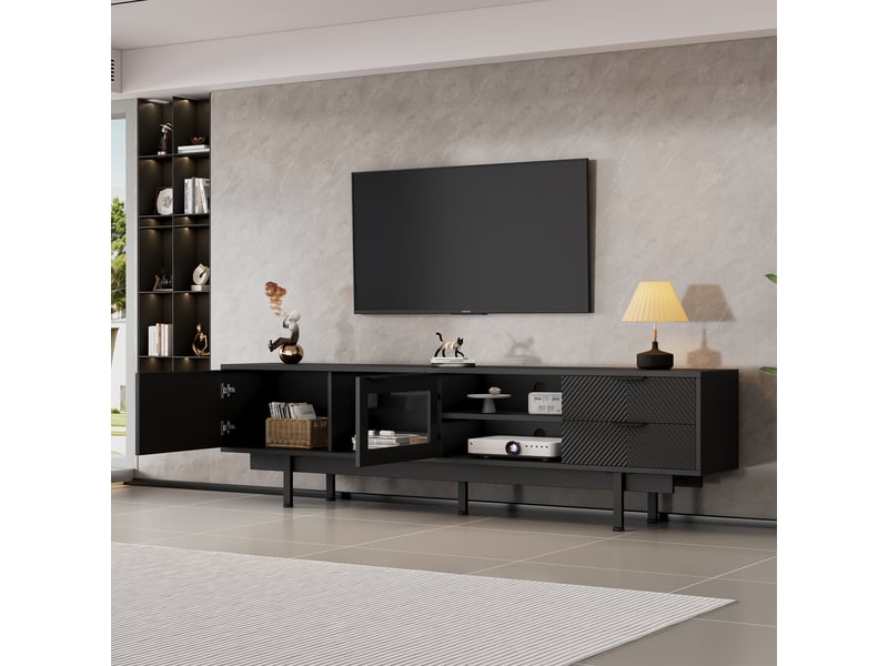 Meuble tv 200 cm noir pour téléviseur 80 pouces avec 2 portes et 2 tiroirs - Conforama E