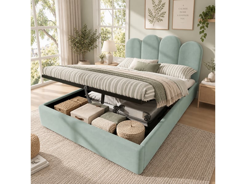  Lit coffre 140x200 cm avec rangement hydraulique, grand espace de rangement, tête de lit arrondie rembourrée en velours, sommier à lattes, vert clair  - Conforama C