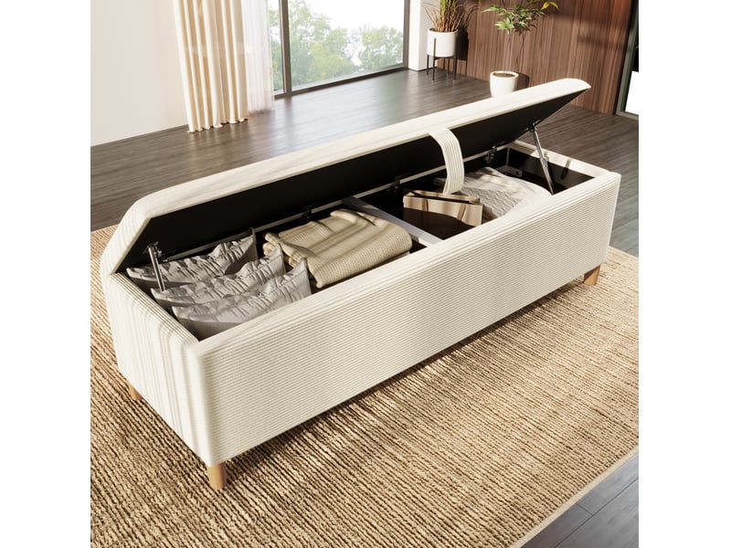  Banc de bout de lit avec rangement hydraulique 175x38x46 cm en velours côtelé beige  - Conforama A