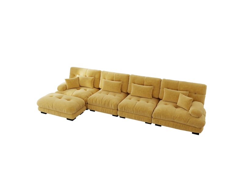  Canapé d'angle modulaire 4 places avec ottoman mobile, assise profonde et coussins, en chenille jaune  - Conforama A