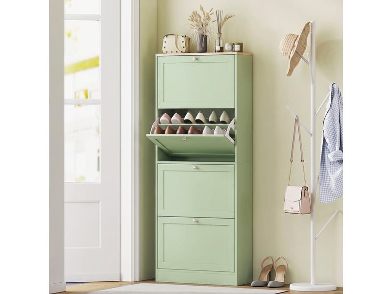  Meuble à chaussures 24 paires, armoire à chaussures avec 4 tiroirs rabattables, étagères réglables, 60x23,5x153cm, vert  - Conforama B