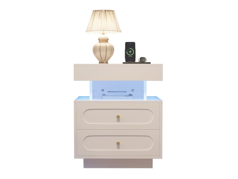  Table de chevet led avec 2 tiroirs et niche ouverte blanc cravdom  - Conforama A