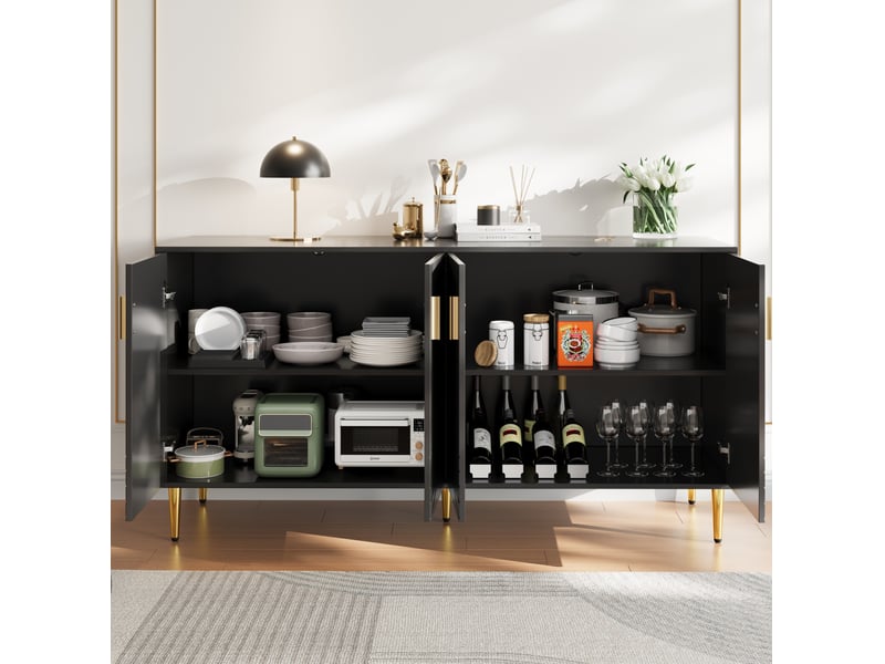 Buffet modenvie 152 x 40 x 75 cm noir en mdf, 4 portes, 2 tiroirs, design ondulé avec poignées et pieds dorés, style moderne - Conforama E
