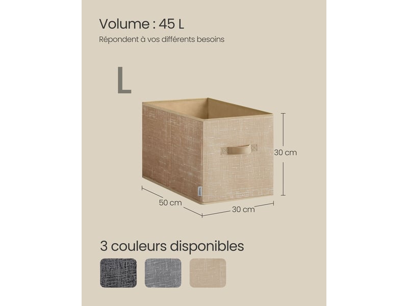 Lot de 3 boîtes de rangement pliables 50 x 30 x 30 cm avec poignées pour chambre salon ambiance cosy en tissu beige sable 12_0011698  - Conforama B
